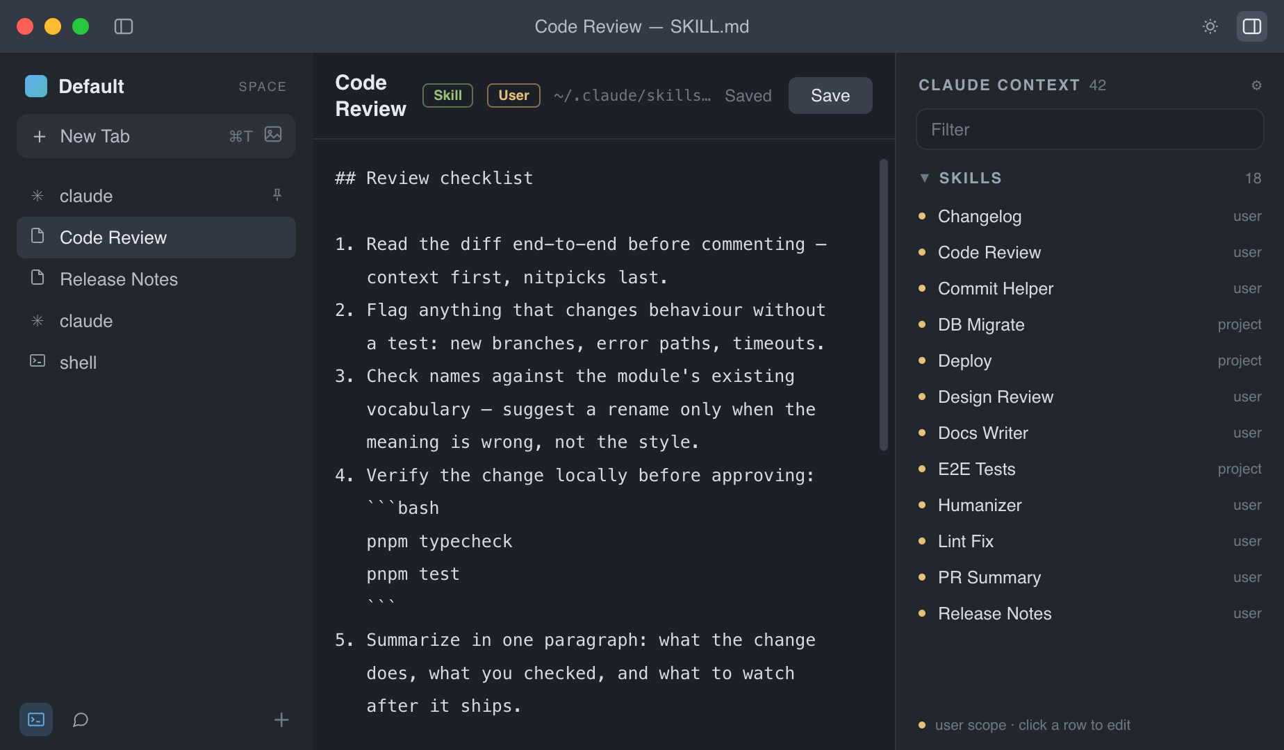 Editing a skill file inside Zede, next to the Claude Context panel