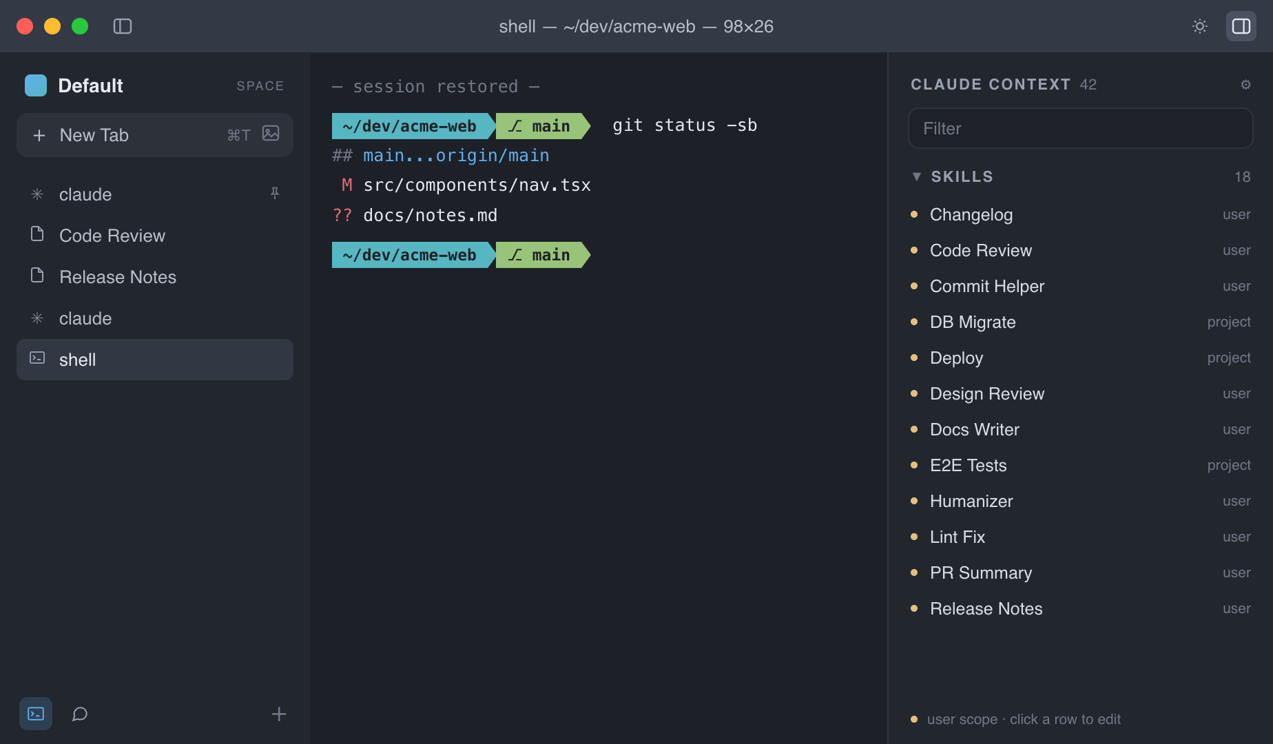 Zede main window: Spaces sidebar, terminal session, and Claude Context panel